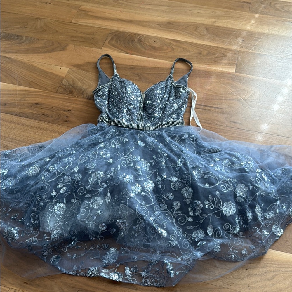 JVN by Jovani Silver and Gray Mini Dress